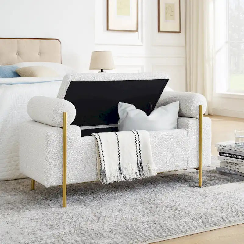 Banc de rangement en lin blanc/beige avec accoudoirs cylindriques et pieds dorés – 1 place