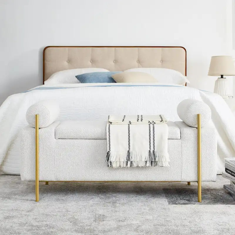 Banc de rangement en lin blanc/beige avec accoudoirs cylindriques et pieds dorés – 1 place