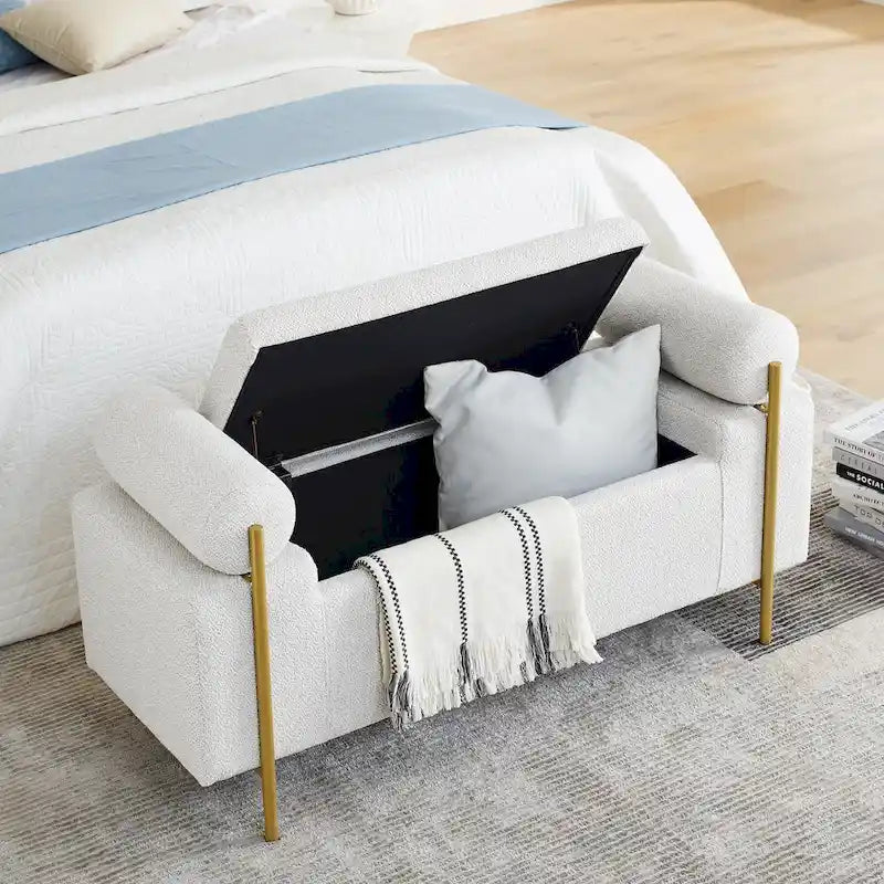 Banc de rangement en lin blanc/beige avec accoudoirs cylindriques et pieds dorés – 1 place