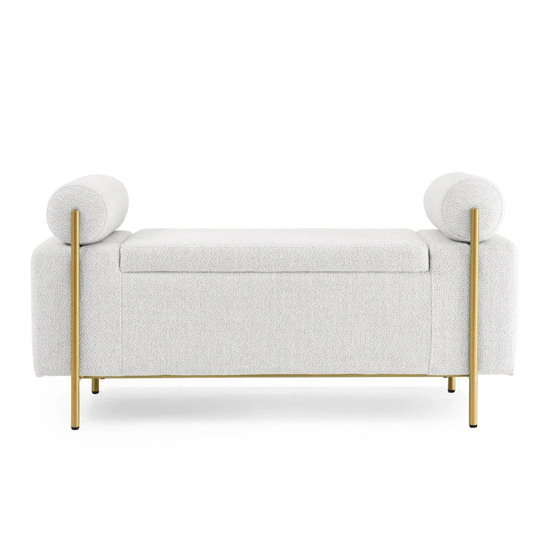 Banc de rangement en lin blanc/beige avec accoudoirs cylindriques et pieds dorés – 1 place