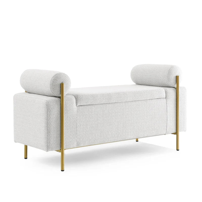 Banc de rangement en lin blanc/beige avec accoudoirs cylindriques et pieds dorés – 1 place
