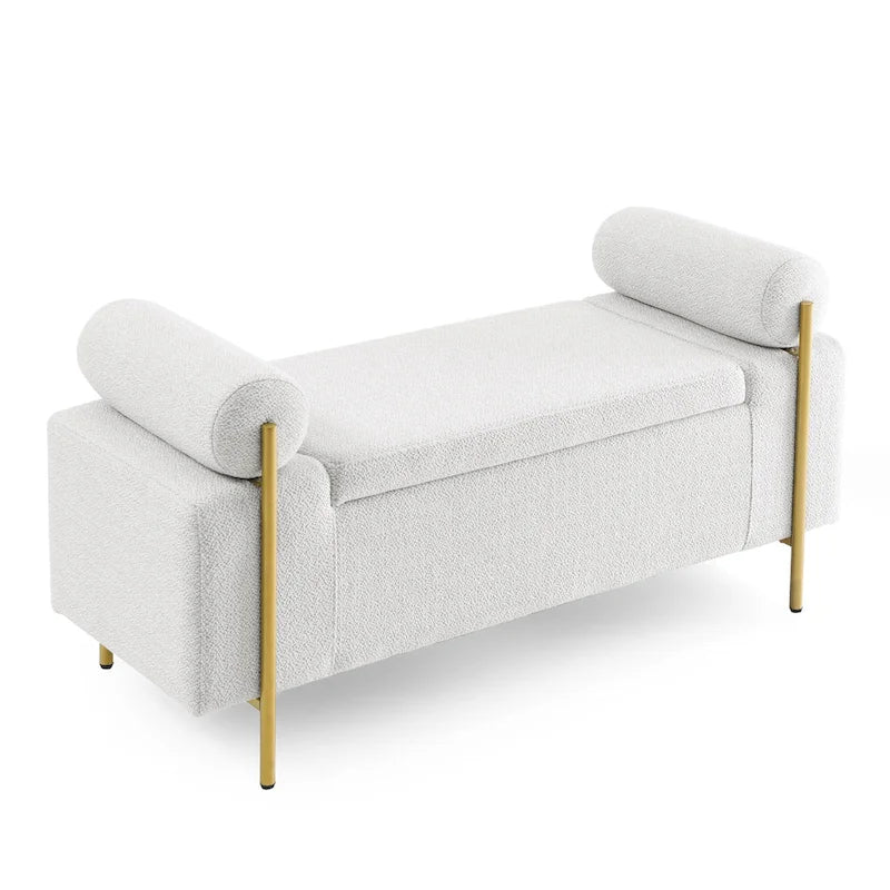 Banc de rangement en lin blanc/beige avec accoudoirs cylindriques et pieds dorés – 1 place