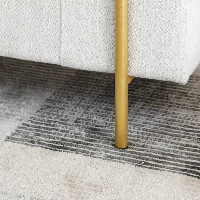 Banc de rangement en lin blanc/beige avec accoudoirs cylindriques et pieds dorés – 1 place