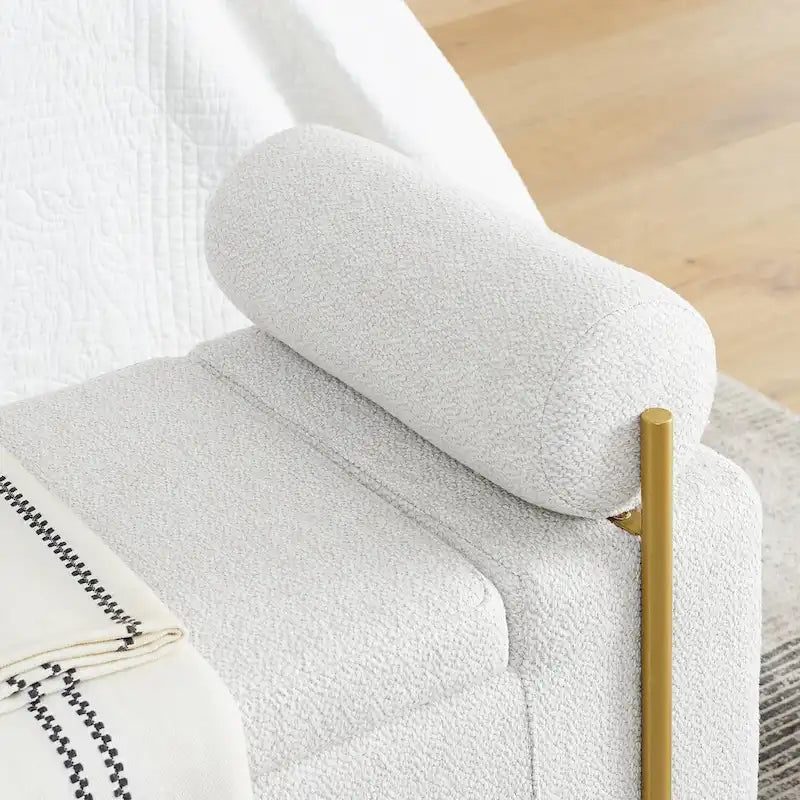 Banc de rangement en lin blanc/beige avec accoudoirs cylindriques et pieds dorés – 1 place