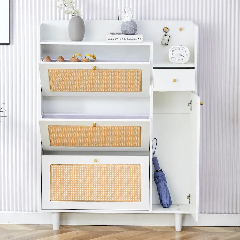 Meuble à chaussures blanc façon rotin, banc de rangement simple pour entrée