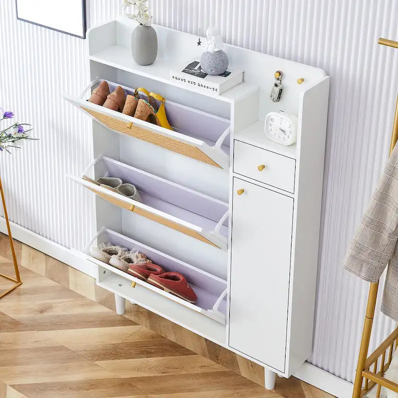 Meuble à chaussures blanc façon rotin, banc de rangement simple pour entrée