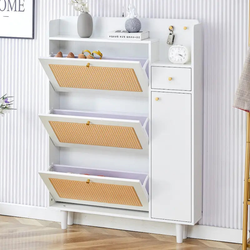 Meuble à chaussures blanc façon rotin, banc de rangement simple pour entrée