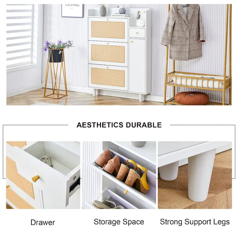 Meuble à chaussures blanc façon rotin, banc de rangement simple pour entrée