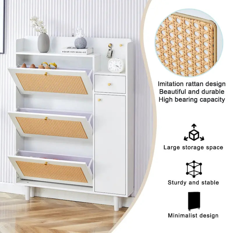 Meuble à chaussures blanc façon rotin, banc de rangement simple pour entrée
