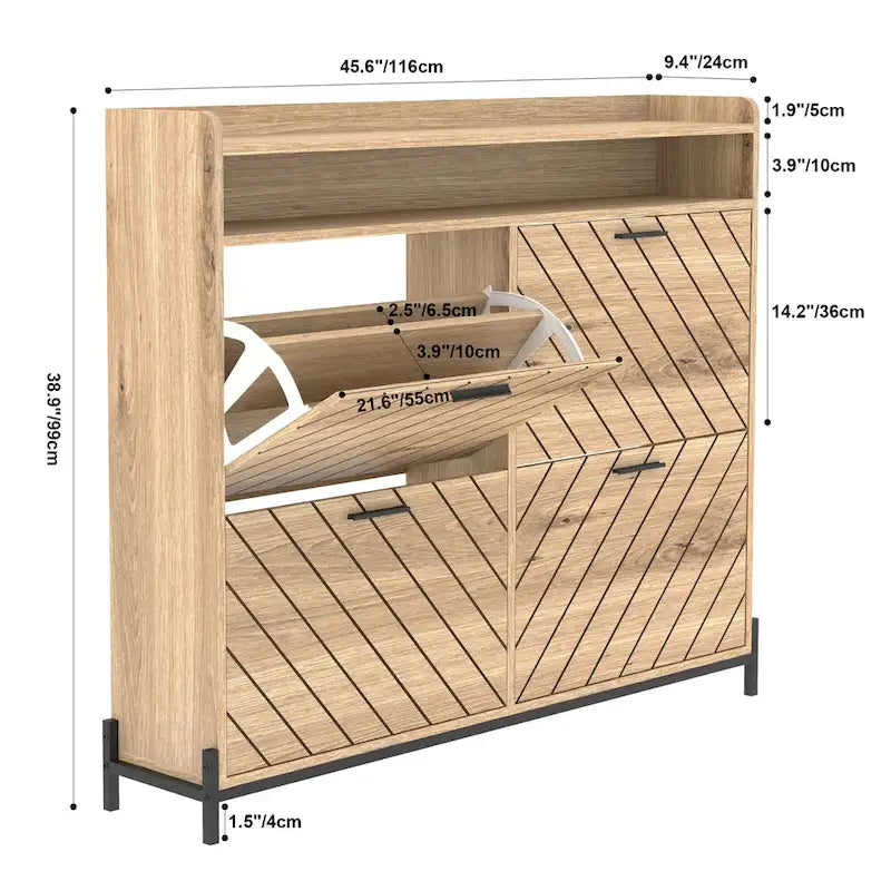 Meuble à chaussures basculant 4 portes, naturel/blanc, autoportant, pour 1 à 2 utilisateurs
