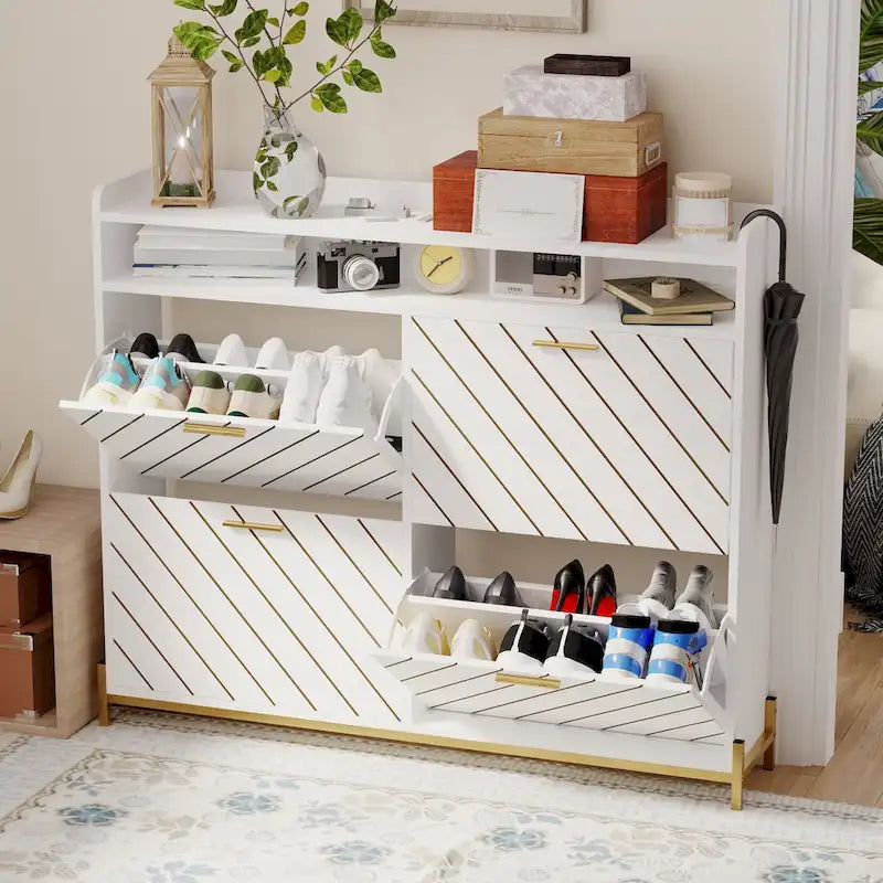 Meuble à chaussures basculant 4 portes, naturel/blanc, autoportant, pour 1 à 2 utilisateurs