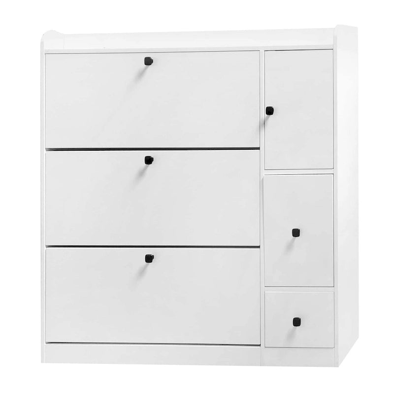 Meuble à chaussures avec siège rabattable et tiroirs basculants, Blanc/Noir, Assemblage par 2 personnes