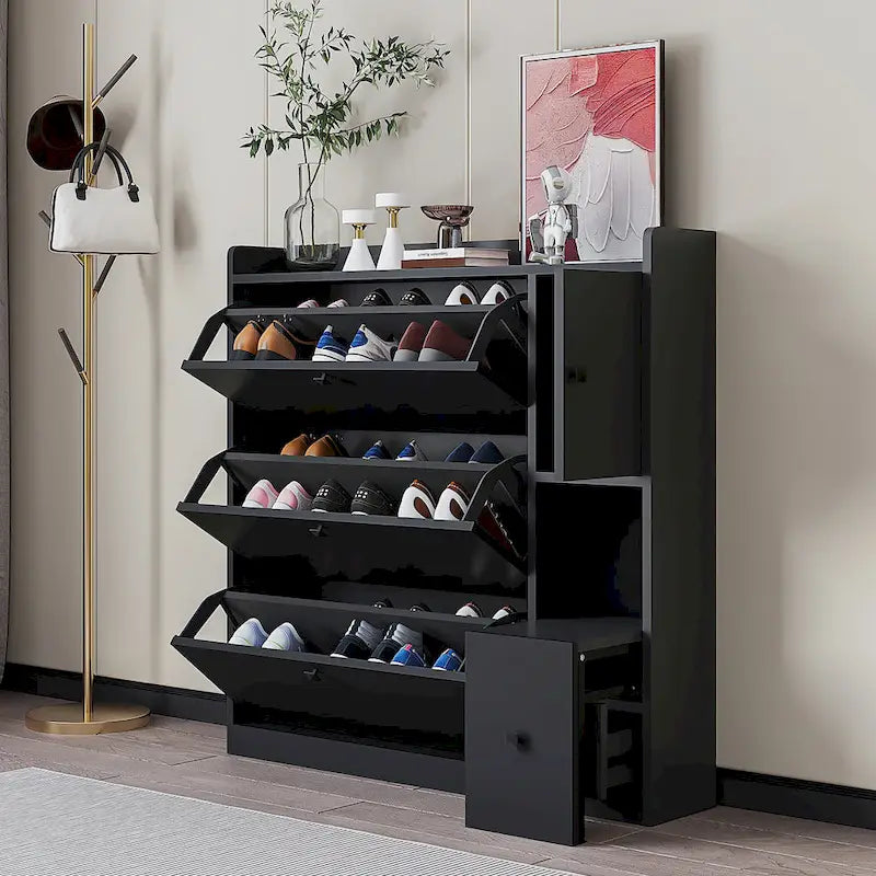 Meuble à chaussures avec siège rabattable et tiroirs basculants, Blanc/Noir, Assemblage par 2 personnes