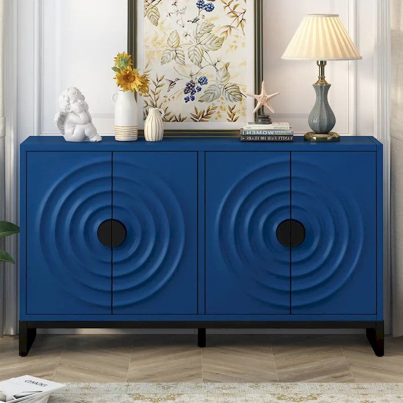 Buffet 4 portes couleur naturelle / noire / bleu marine – motif vague, pieds en fer, 1 place