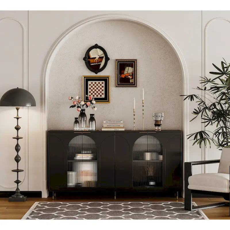 Armoire d'appoint à portes en verre cannelé, 4 portes, bleue/noire/grise, unité simple