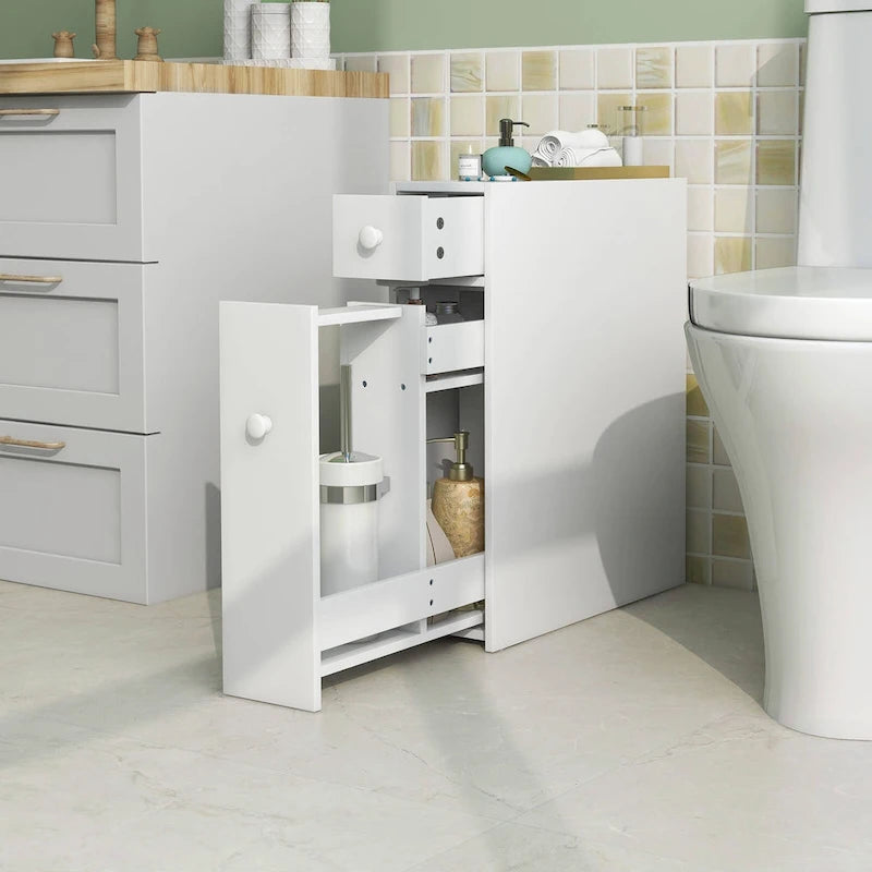 Meuble de salle de bain étroit noir/blanc avec abattant, tiroir et 3 étagères