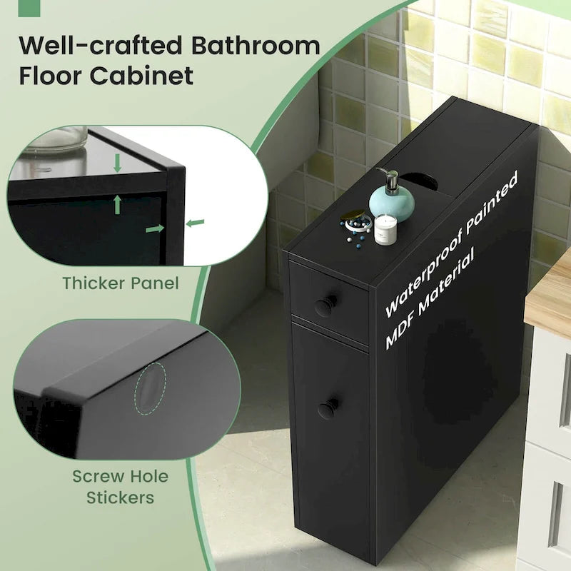 Meuble de salle de bain étroit noir/blanc avec abattant, tiroir et 3 étagères