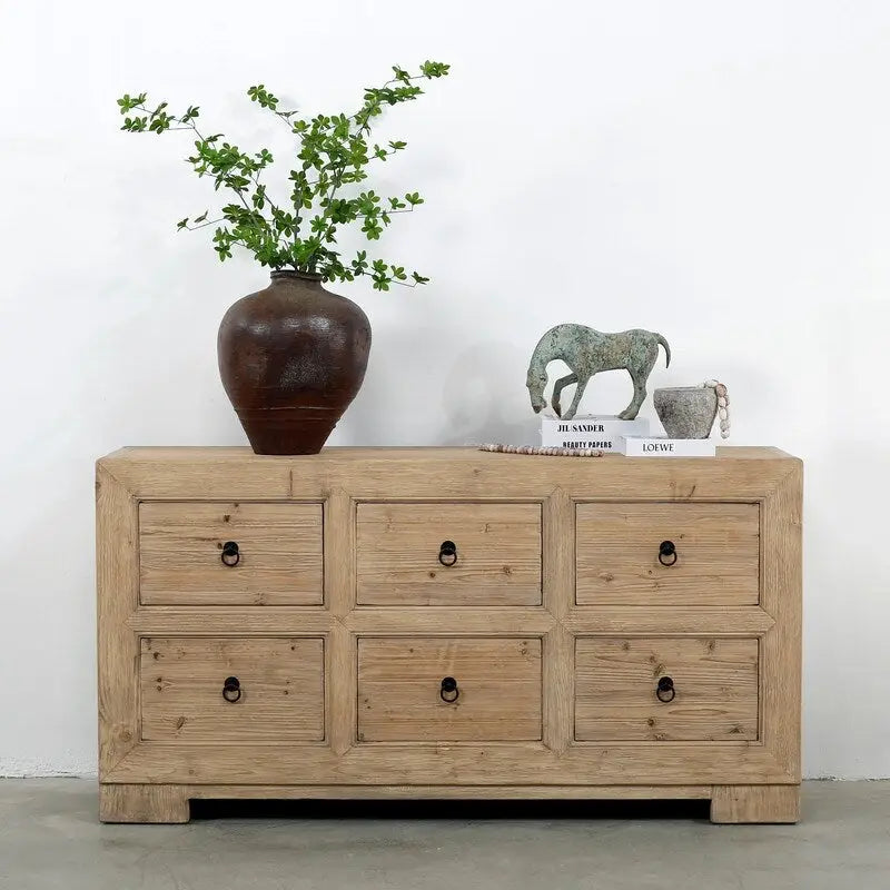 Buffet en pin naturel à 6 tiroirs, bois fait main, 68"L x 18"P x 35"H