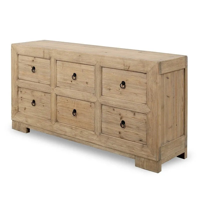 Buffet en pin naturel à 6 tiroirs, bois fait main, 68"L x 18"P x 35"H