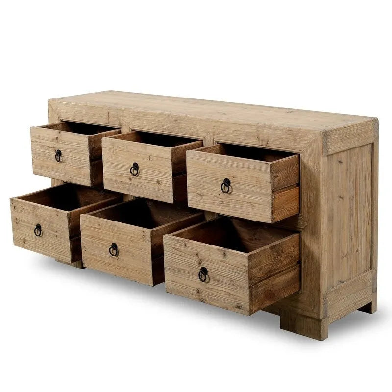 Buffet en pin naturel à 6 tiroirs, bois fait main, 68"L x 18"P x 35"H