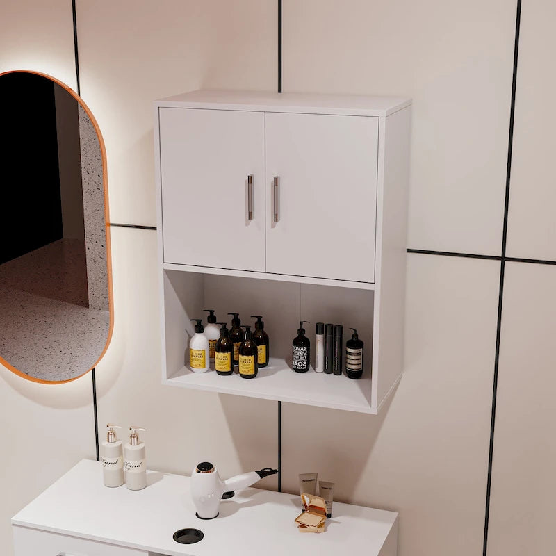 Meuble de rangement mural simple avec 2 étagères et portes, blanc/rose