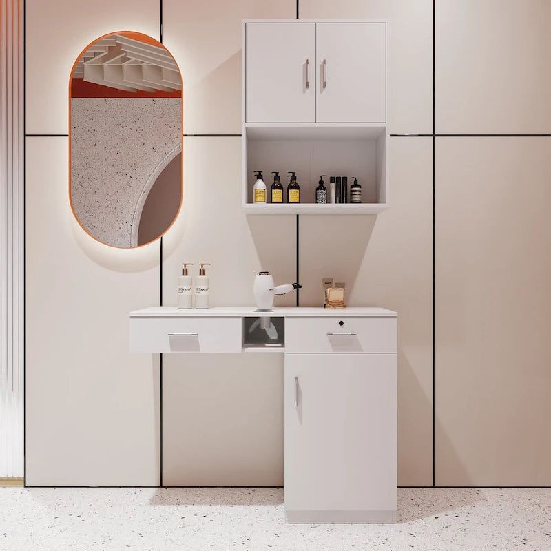 Meuble de rangement mural simple avec 2 étagères et portes, blanc/rose