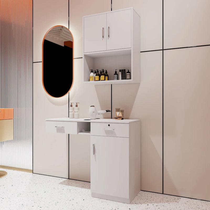 Meuble de rangement mural simple avec 2 étagères et portes, blanc/rose