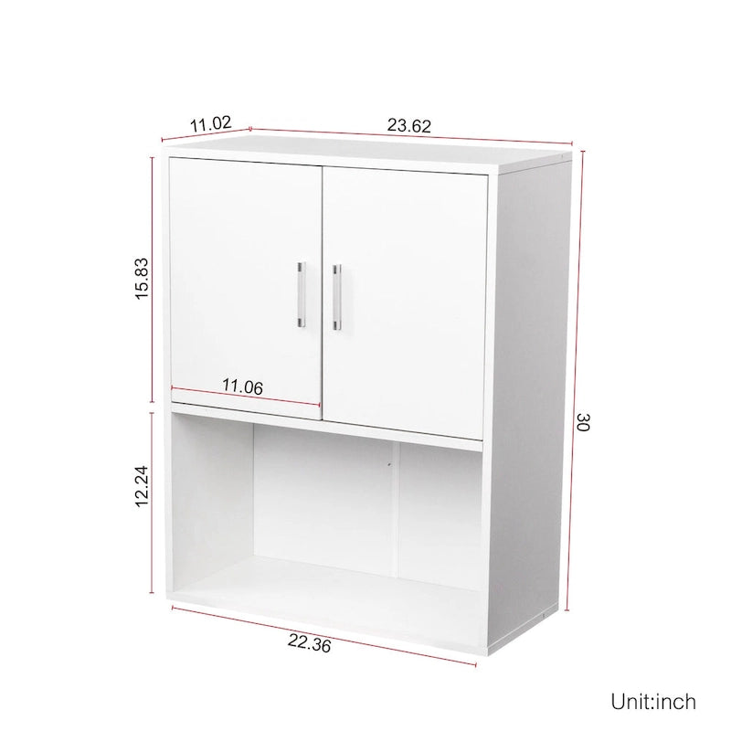 Meuble de rangement mural simple avec 2 étagères et portes, blanc/rose