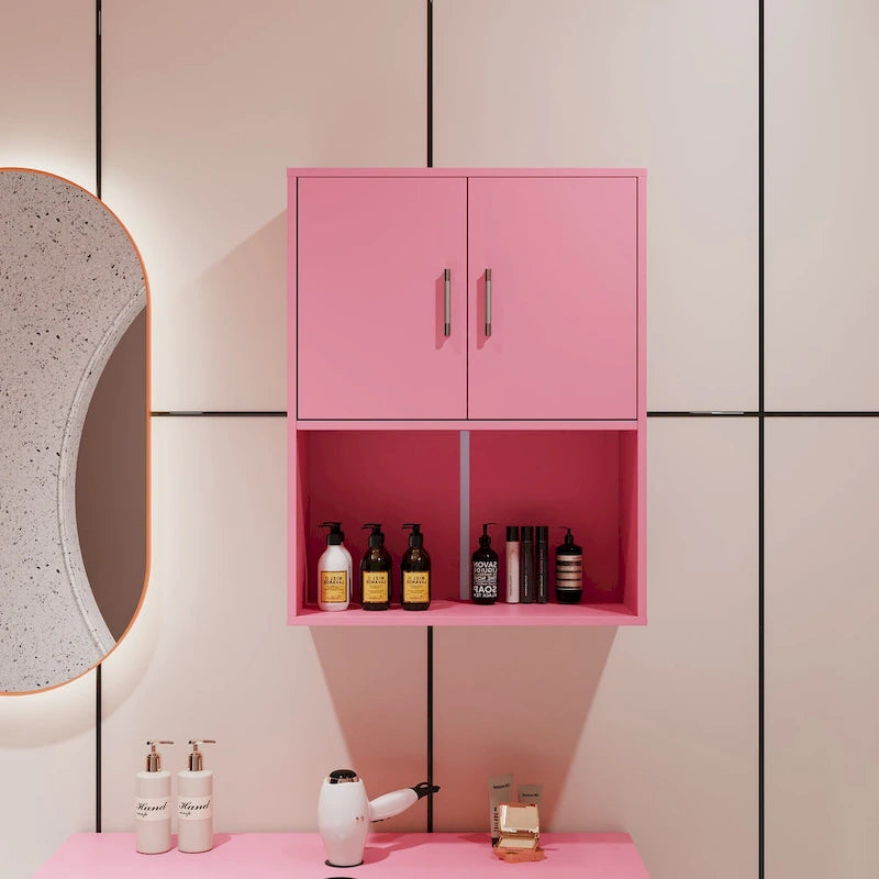 Meuble de rangement mural simple avec 2 étagères et portes, blanc/rose