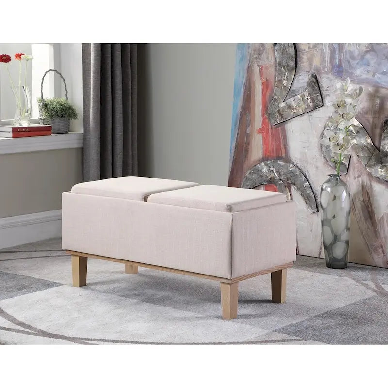 Banc de rangement en lin à couvercle rabattable, 2 places, Beige / Gris / Crème / Bleu