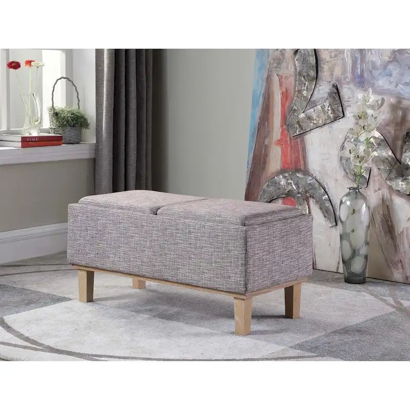 Banc de rangement en lin à couvercle rabattable, 2 places, Beige / Gris / Crème / Bleu