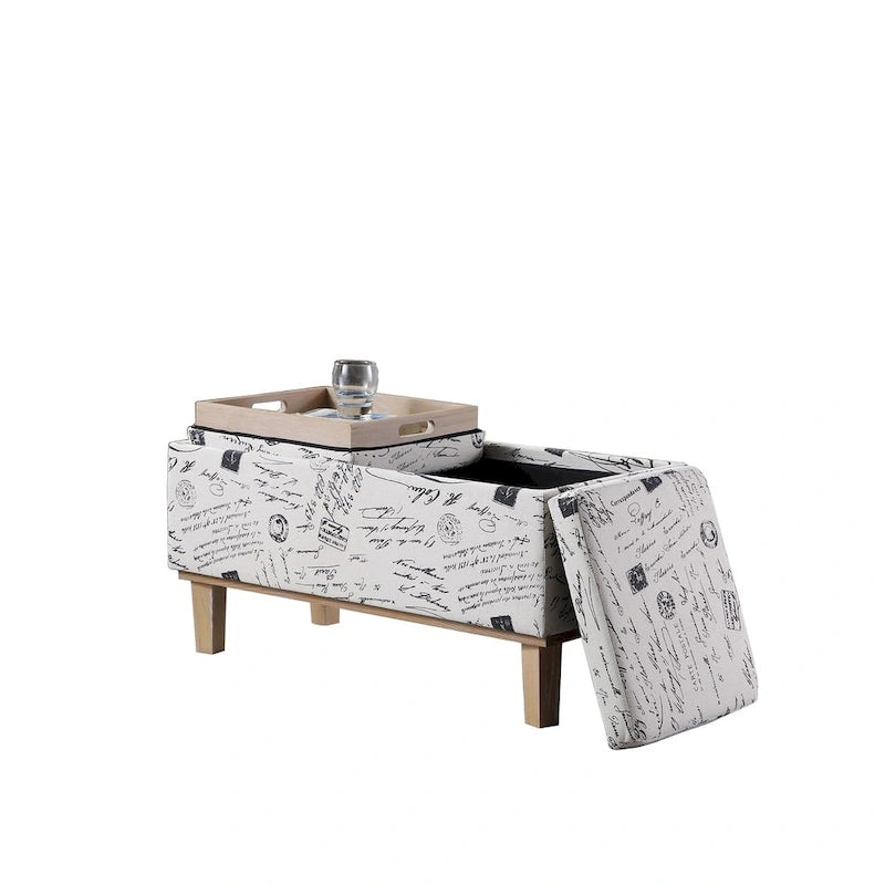 Banc de rangement en lin à couvercle rabattable, 2 places, Beige / Gris / Crème / Bleu