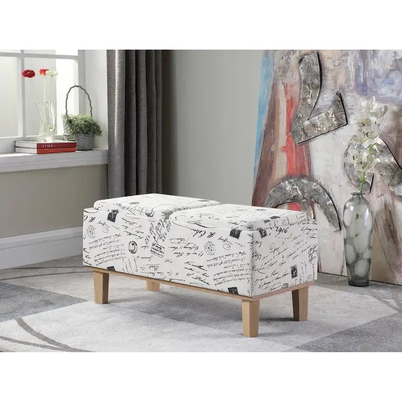 Banc de rangement en lin à couvercle rabattable, 2 places, Beige / Gris / Crème / Bleu