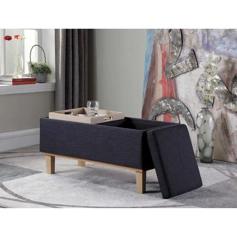 Banc de rangement en lin à couvercle rabattable, 2 places, Beige / Gris / Crème / Bleu