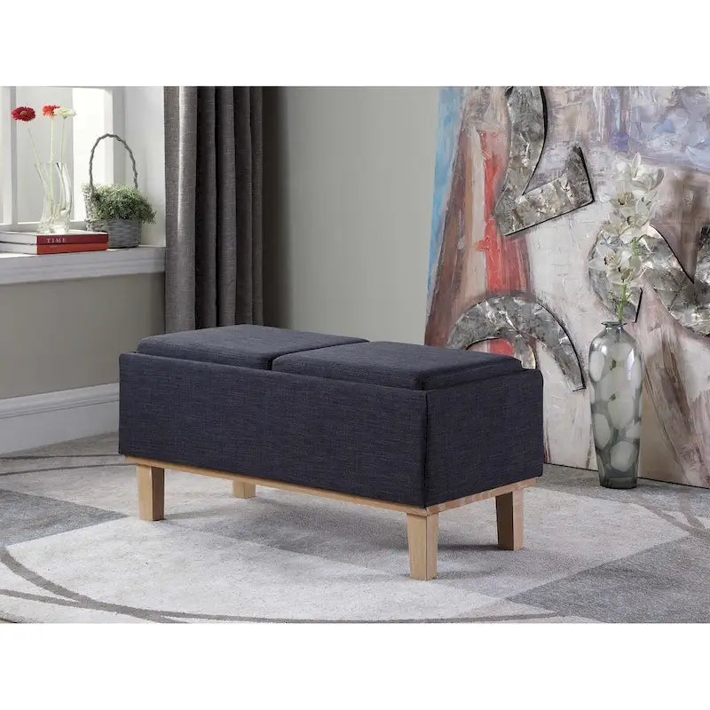 Banc de rangement en lin à couvercle rabattable, 2 places, Beige / Gris / Crème / Bleu