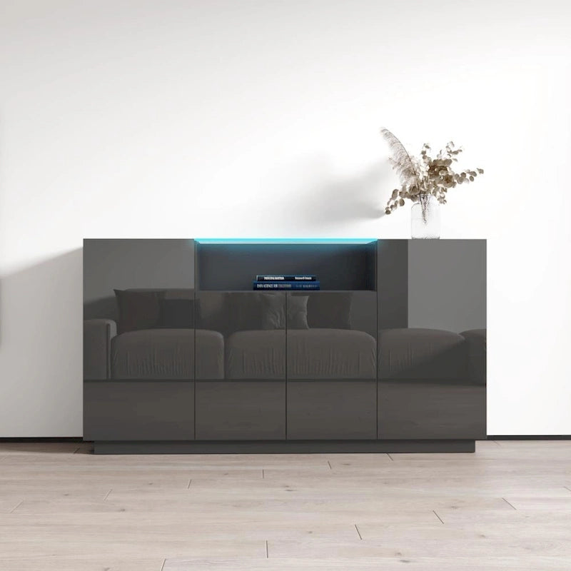 Bahut Brillant Gris / Noir / Blanc 160 cm avec Éclairage LED
