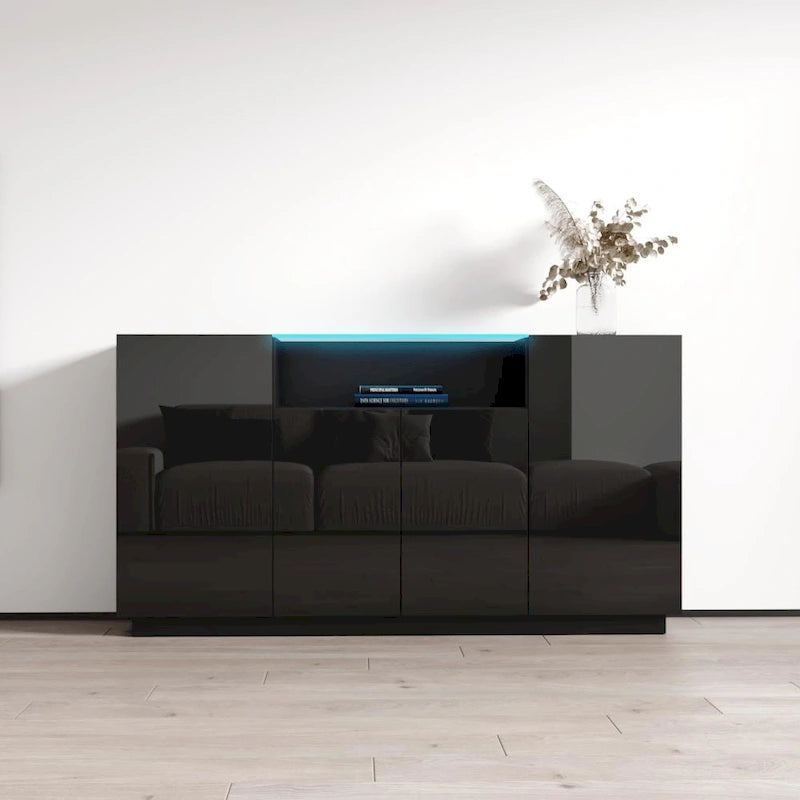 Bahut Brillant Gris / Noir / Blanc 160 cm avec Éclairage LED