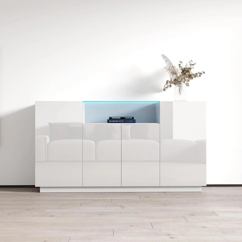Bahut Brillant Gris / Noir / Blanc 160 cm avec Éclairage LED
