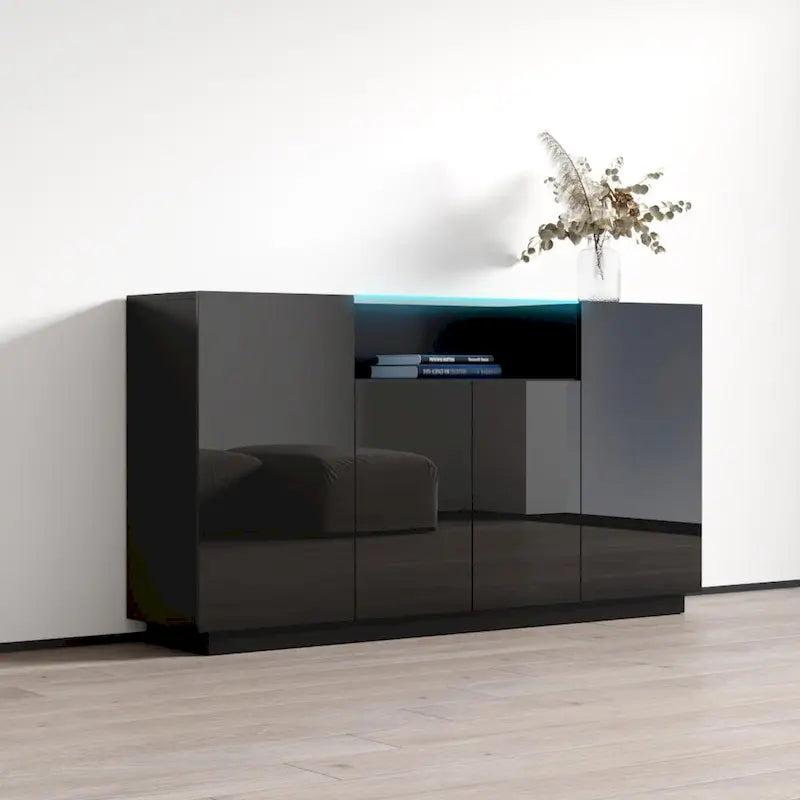 Bahut Brillant Gris / Noir / Blanc 160 cm avec Éclairage LED