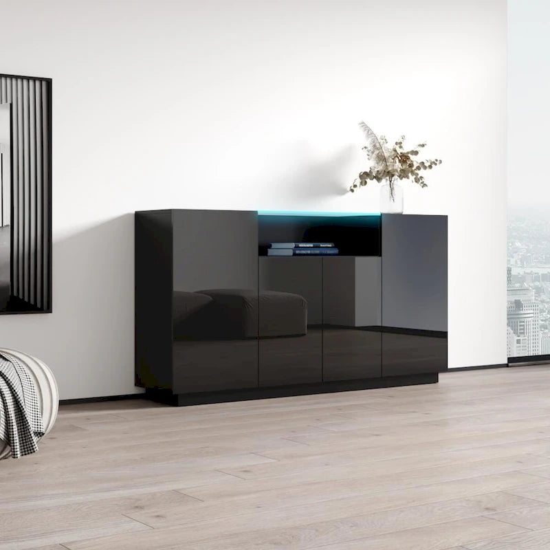 Bahut Brillant Gris / Noir / Blanc 160 cm avec Éclairage LED