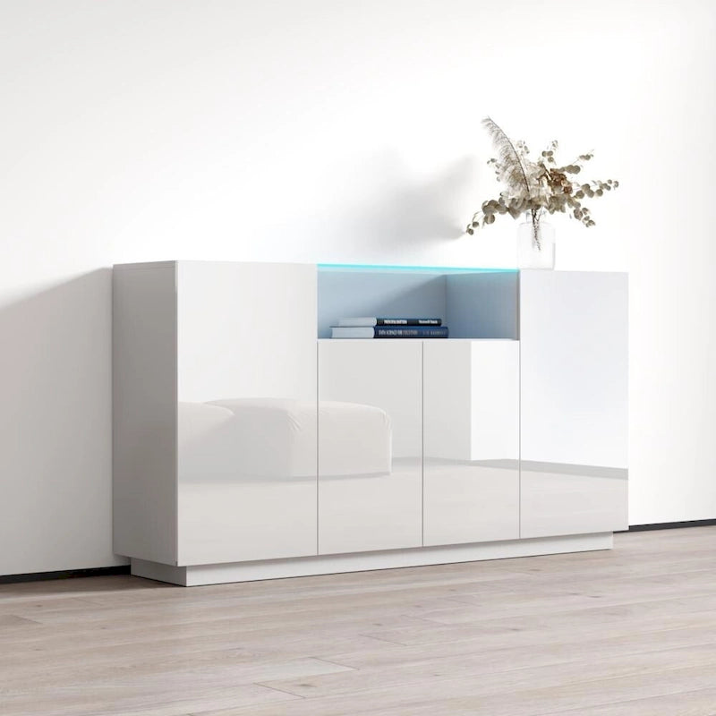 Bahut Brillant Gris / Noir / Blanc 160 cm avec Éclairage LED