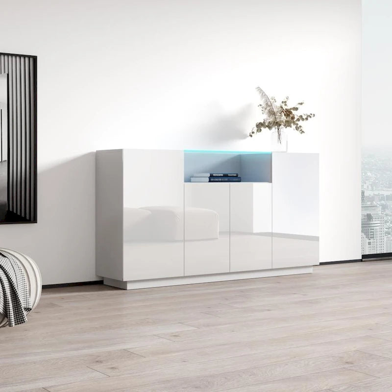 Bahut Brillant Gris / Noir / Blanc 160 cm avec Éclairage LED