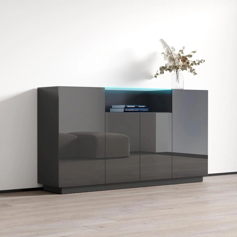 Bahut Brillant Gris / Noir / Blanc 160 cm avec Éclairage LED
