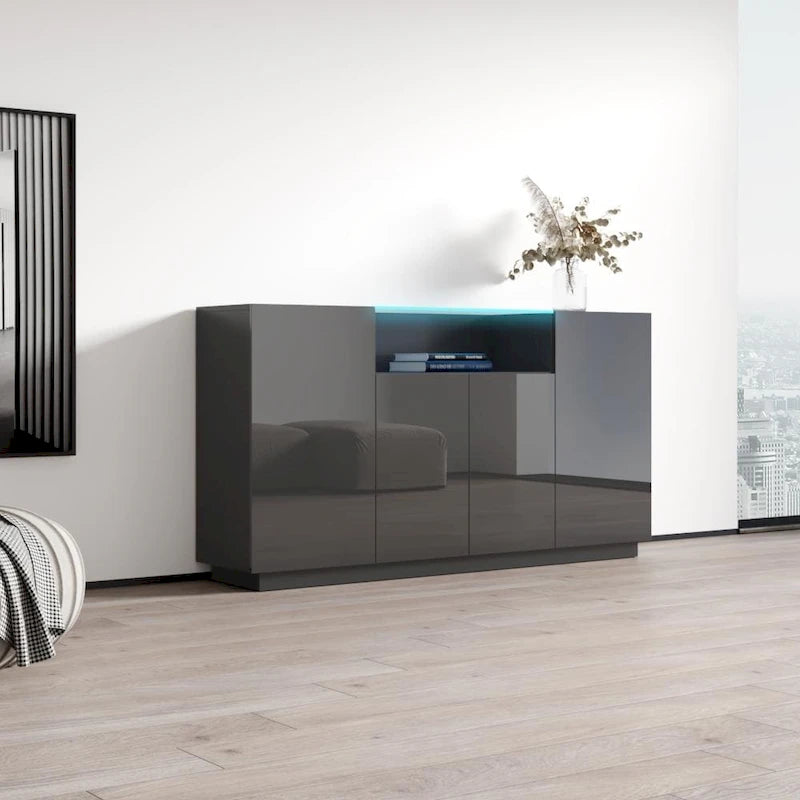 Bahut Brillant Gris / Noir / Blanc 160 cm avec Éclairage LED