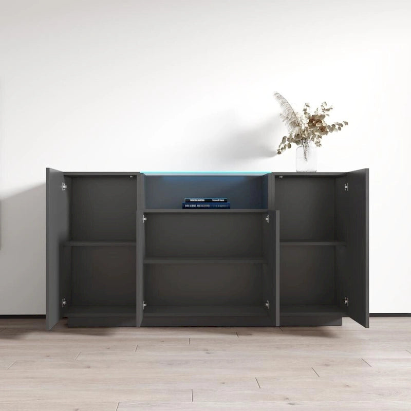 Bahut Brillant Gris / Noir / Blanc 160 cm avec Éclairage LED