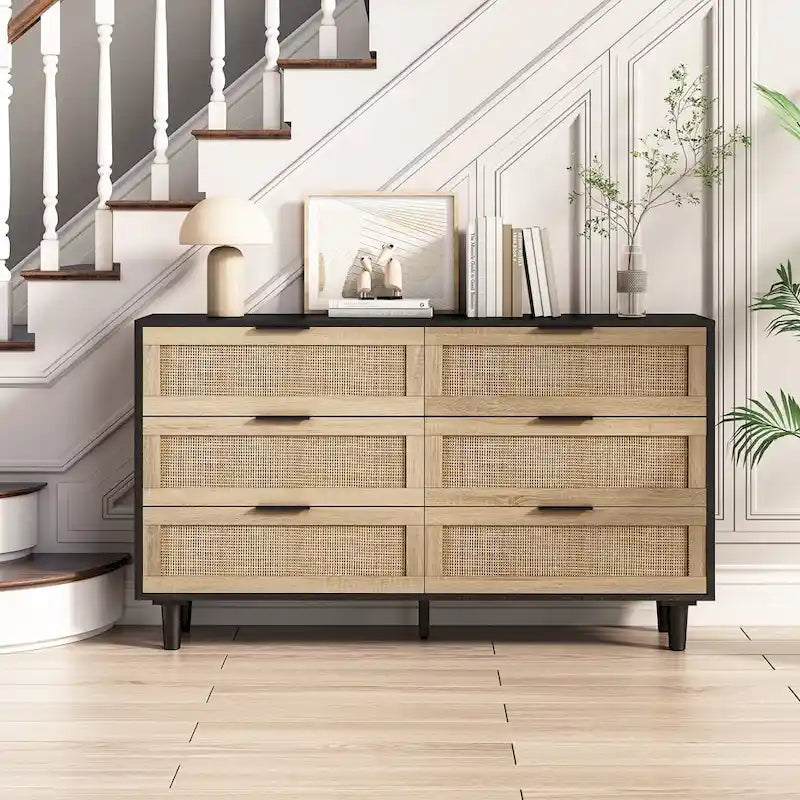 Commode 6 tiroirs en rotin Noir & Naturel, Simple