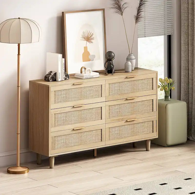 Commode 6 tiroirs en rotin Noir & Naturel, Simple