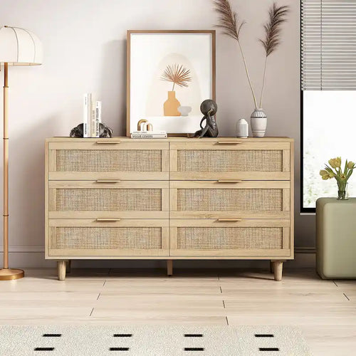Commode 6 tiroirs en rotin Noir & Naturel, Simple