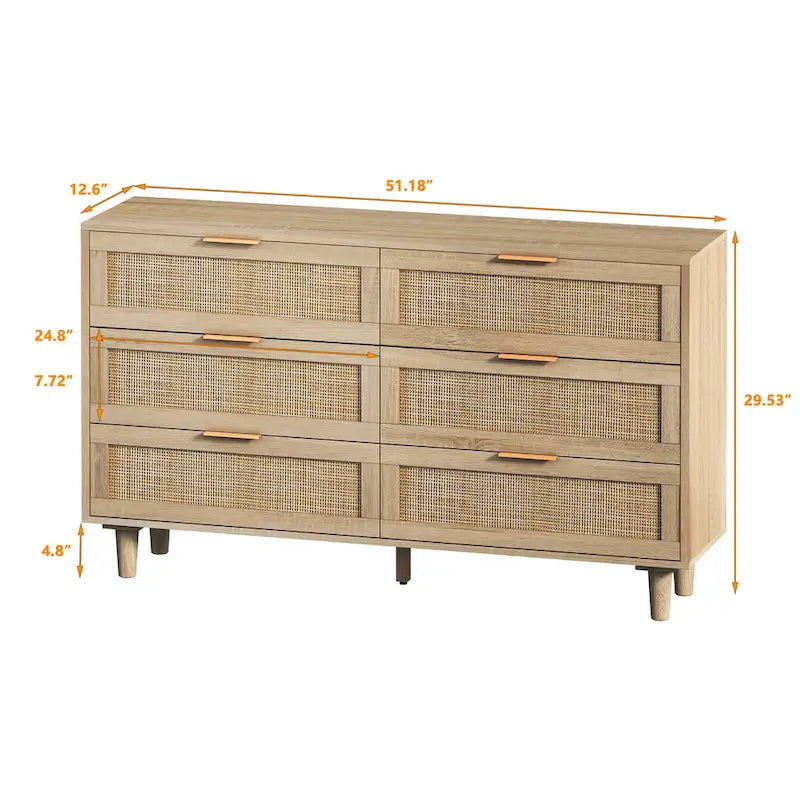 Commode 6 tiroirs en rotin Noir & Naturel, Simple