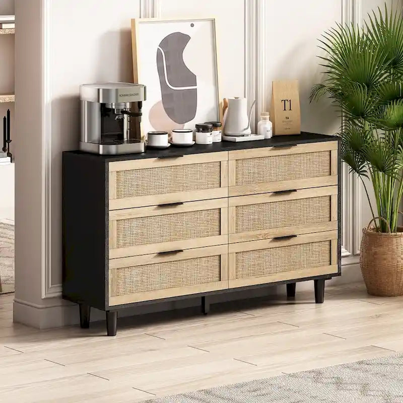 Commode 6 tiroirs en rotin Noir & Naturel, Simple